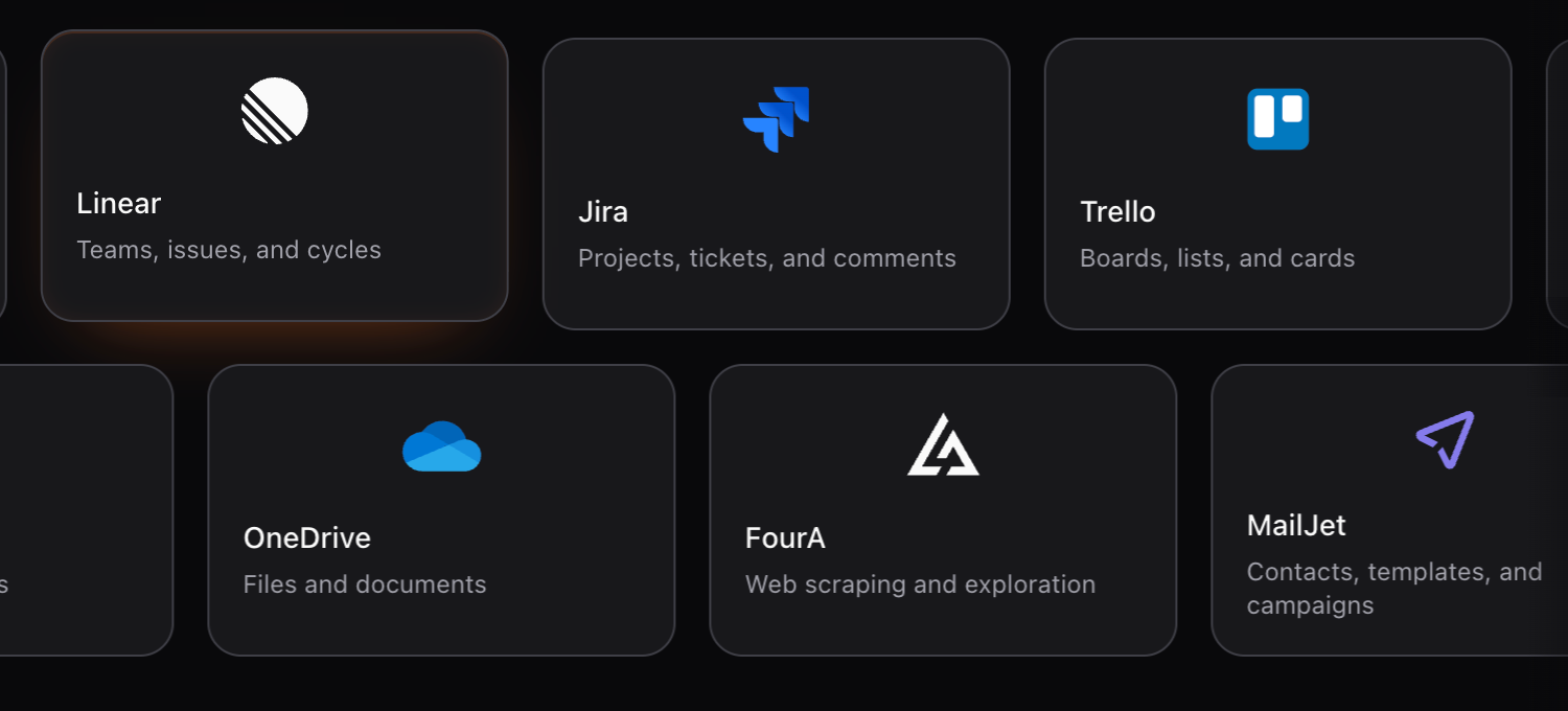 FourA in Dawn's integrations grid, alongside OneDrive, MailJet, Linear, Jira, and Trello