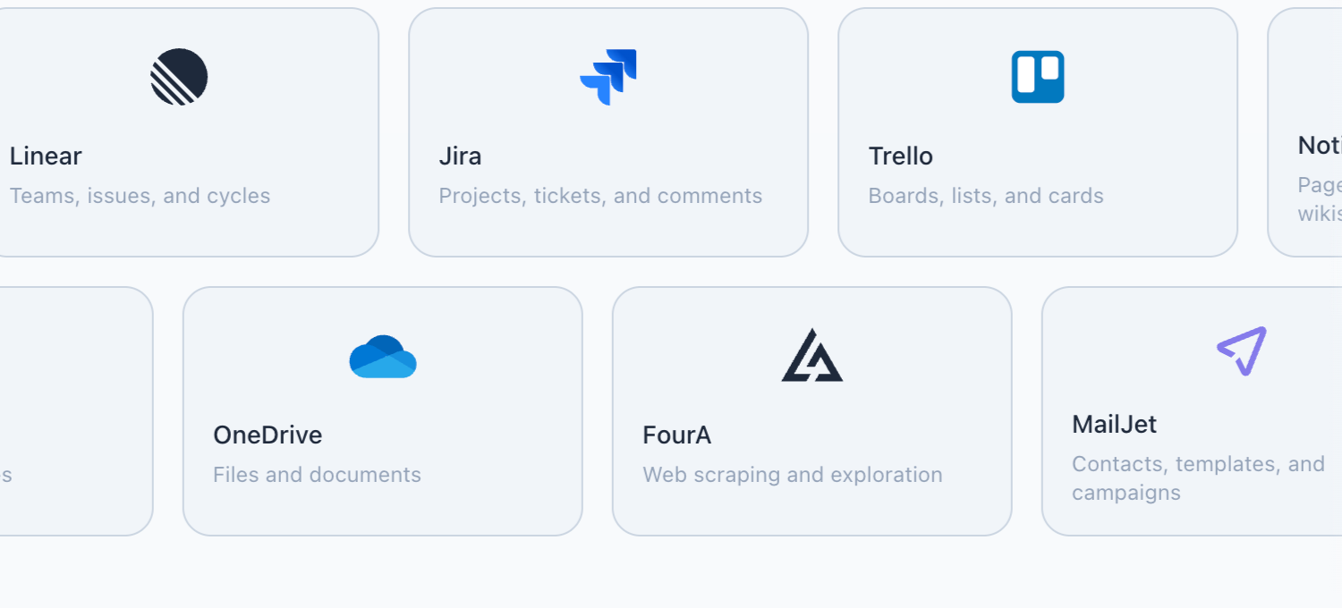 FourA in Dawn's integrations grid, alongside OneDrive, MailJet, Linear, Jira, and Trello